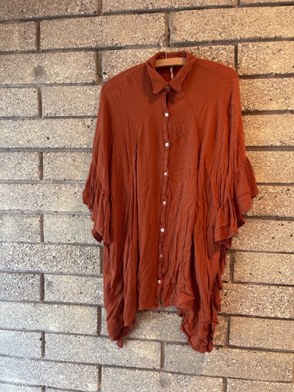 Free People Button-Down Shirt With Ruffled Sleeves & Flowy Hem 100% Rayon